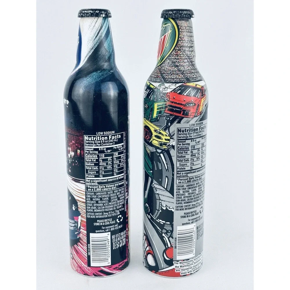 Lot of 2 NASCAR 2008 Mountain Dew Full Aluminum Bottles Green Label Art